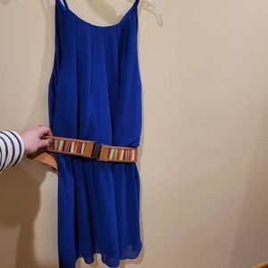 Blue high neckline belted dress